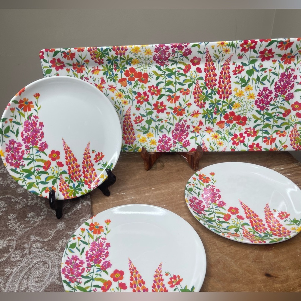 Laura Ashley Pop of Color Melamine Tray w/3 luncheon plates